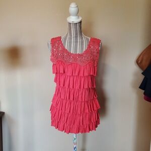 LaSeine Womens Large Coral Pink Crochet Lace Yoke Ruffle Tiered Sleeveless Top